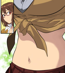 Rule 34 | 1girl, absurdres, breasts, brown eyes, brown hair, closed mouth, glasses, hair ornament, highres, josephscrand, kyochuu rettou, large breasts, midriff, naruse chitose, navel, simple background, solo, stomach