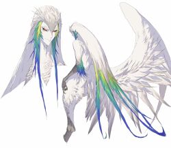 Rule 34 | 1boy, animal feet, animal hands, bird legs, black sclera, blonde hair, blue hair, claws, closed mouth, colored eyelashes, colored sclera, facing away, feather hair, feathered wings, feathers, fukumaru koito, green hair, harpy boy, highres, leviair, long hair, looking at viewer, low wings, male focus, monster boy, original, red eyes, simple background, smile, solo, standing, very long hair, white background, white feathers, white hair, white wings, wings