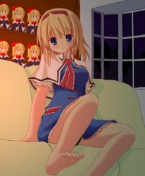 Rule 34 | 1girl, alice margatroid, barefoot, capelet, doll, feet, female focus, highres, indoors, legs, shanghai doll, sin8, sitting, solo, touhou