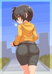 Rule 34 | 1girl, ass, bike shorts, black hair, cougar (cougar1404), cowboy shot, female focus, from behind, heavy breathing, hood, hoodie, huge ass, jogging, kneepits, looking at viewer, looking back, nari (cougar1404), orange eyes, original, outdoors, pantylines, profile, shiny skin, short hair, shorts, skin tight, skindentation, solo, standing, thick thighs, thighs, wide hips, yellow eyes
