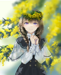 Rule 34 | 1girl, black skirt, blurry, blurry background, braid, brown hair, capelet, closed mouth, commentary request, depth of field, flower, frilled sleeves, frills, hair between eyes, hair over shoulder, hands up, highres, long hair, long sleeves, low twintails, mimosa (flower), naruse chisato, original, own hands together, puffy long sleeves, puffy sleeves, purple eyes, shirt, skirt, smile, solo, twin braids, twintails, white capelet, white shirt, yellow flower