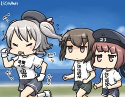 Rule 34 | 10s, 3girls, beach, beret, bird, blush, bouncing breasts, breast envy, breasts, brown eyes, brown hair, clothes writing, cloud, cloudy sky, commentary, dated, day, flying sweatdrops, gloves, hamu koutarou, hat, headband, horizon, jitome, jogging, kantai collection, kashima (kancolle), medium breasts, multiple girls, ocean, red eyes, sailor hat, shaded face, shirt, short hair, shorts, silver hair, sky, t-shirt, taihou (kancolle), translation request, twintails, wavy hair, whistle, white gloves, z3 max schultz (kancolle)