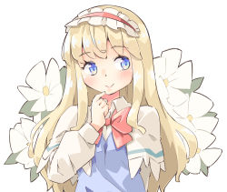 Rule 34 | alice margatroid, arnest, blonde hair, blue dress, blue eyes, blush, bow, bowtie, capelet, collared shirt, dress, finger to own chin, flower, hairband, lolita hairband, long hair, long sleeves, looking to the side, red bow, shanghai doll, shirt, simple background, smile, touhou, white background, white capelet, white shirt