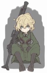 Rule 34 | 10s, 1girl, black gloves, blonde hair, boots, buttons, cross, fat mons, gloves, goggles, green eyes, green pants, grey background, grin, gun, ina (gokihoihoi), looking at viewer, machine gun, md5 mismatch, messy hair, military, military uniform, no nose, pants, presenting, short hair, simple background, sitting, smile, solo, spread legs, tanya degurechaff, teasing, uniform, weapon, youjo senki
