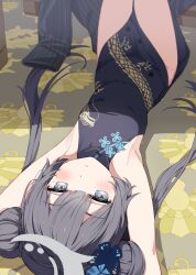 1girl absurdres armpits bare_arms black_dress blue_archive blurry blush braid braided_bun breasts butterfly_hair_ornament china_dress chinese_clothes coat depth_of_field double_bun dragon_print dress grey_coat grey_eyes grey_hair grey_halo hair_bun hair_ornament halo highres jacket kisaki_(blue_archive) lying on_back on_floor pelvic_curtain pinstripe_jacket pinstripe_pattern print_dress seero sleeveless sleeveless_dress small_breasts solo striped_clothes striped_jacket thighs vertical-striped_clothes vertical-striped_jacket