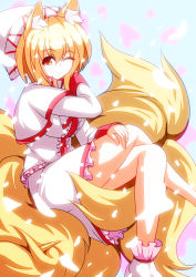 Rule 34 | 1girl, animal ears, blonde hair, breasts, capelet, cherry blossoms, cosplay, dress, female focus, fox ears, fox tail, hat, crossed legs, lily white, lily white (cosplay), long sleeves, merry (diameri), one eye closed, petals, short hair, sitting, smile, solo, tail, touhou, wink, yakumo ran, yellow eyes