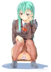 Rule 34 | 10s, 1girl, absurdres, aqua hair, ascot, breasts, brown thighhighs, byte (allbyte), hair ornament, hairclip, highres, jacket, kantai collection, loafers, long hair, panties, pantyshot, pleated skirt, school uniform, shadow, shizuka (deatennsi), shoes, skirt, solo, squatting, suzuya (kancolle), thighhighs, underwear, yellow eyes