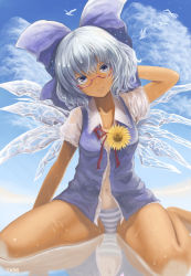 Rule 34 | 1girl, arm at side, arm behind head, arm up, artist name, bare arms, bare legs, barefoot, bespectacled, bird, blue bow, blue eyes, blue hair, blue sky, bow, buttons, cirno, closed mouth, cloud, collarbone, commentary request, day, flower, full body, glasses, hair between eyes, hair bow, head tilt, hidden star in four seasons, ice, ice wings, looking at viewer, navel, no pants, open clothes, open shirt, open vest, outdoors, panties, reflection, semi-rimless eyewear, shirt, short hair, short sleeves, sitting, sky, solo, spread legs, star (symbol), striped clothes, striped panties, summer, sunflower, tan, tanline, tanned cirno, thighs, touhou, unbuttoned, unbuttoned shirt, under-rim eyewear, underwear, vest, wariza, water, wet, wet clothes, wet shirt, white shirt, wings, yuge ( yuge )