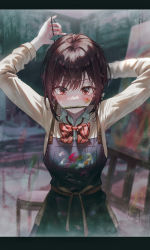 Rule 34 | 1girl, apron, arms behind head, arms up, blurry, blurry background, blush, bow, bowtie, brown hair, brown jacket, collared shirt, commentary request, grey shirt, hair bow, highres, indoors, jacket, kamiyama high school uniform (project sekai), mitasarenai pale color (project sekai), mouth hold, paint, paint splatter, pencil, project sekai, red bow, red bowtie, red eyes, school uniform, shinonome ena, shirt, solo, standing, stool, striped bow, striped bowtie, striped clothes, tears, tokkyu, tying hair, upper body