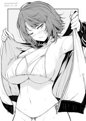 Rule 34 | 1girl, bikini, blush, breasts, dated, grey background, greyscale, hair ornament, hairclip, highres, jacket, kichihachi, large breasts, looking at viewer, monochrome, navel, one eye closed, open clothes, open jacket, original, short hair, simple background, solo, sweat, swimsuit, twitter username, two-tone background, white background, zipper