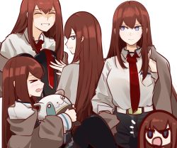 Rule 34 | &gt; &lt;, 1girl, absurdres, black pantyhose, black shorts, blue eyes, brown hair, closed eyes, closed mouth, commentary, dress shirt, english commentary, expressions, highres, holding, holding clothes, holding jacket, holeecrab, jacket, unworn jacket, long hair, makise kurisu, multiple views, necktie, open mouth, pantyhose, pocket, red necktie, shirt, shorts, smile, steins;gate, teeth, white shirt