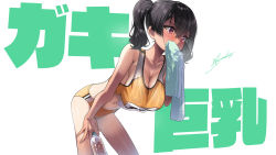 Rule 34 | 1girl, black hair, bottle, breasts, cleavage, collarbone, commentary request, covering own mouth, hand on own thigh, holding, holding bottle, holding towel, kaedeko (kaedelic), large breasts, navel, original, red eyes, sasaki kanna (kaedeko), short hair, signature, simple background, solo, sports bra, sportswear, standing, sweat, text background, towel, twintails, white background