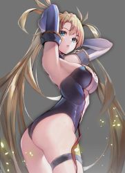 Rule 34 | 1girl, armpits, arms behind head, arms up, ass, bare shoulders, blonde hair, blue eyes, blue gloves, blue leotard, blush, bradamante (fate), bradamante (first ascension) (fate), braid, breasts, crown braid, elbow gloves, fate/grand order, fate (series), gloves, highleg, highleg leotard, highres, large breasts, leotard, long hair, looking at viewer, parted lips, solo, suishougensou, thigh strap, thighs, twintails, two-tone gloves, two-tone leotard, very long hair, white gloves, white leotard