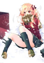 Rule 34 | 1girl, azumi (myameco), black skirt, blonde hair, brown footwear, brown scarf, coat, commentary, ereshkigal (fate), fate/grand order, fate (series), hair ribbon, legs, loafers, long hair, long sleeves, plaid, plaid scarf, red coat, red eyes, red ribbon, ribbon, scarf, shoes, sitting, skirt, snow, solo, symbol-only commentary, thighs, umbrella