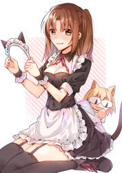 Rule 34 | 2girls, animal ears, apron, blonde hair, blush, breasts, brown eyes, brown hair, cat ears, cat tail, cleavage, cleavage cutout, clothing cutout, collar, commentary request, fake animal ears, fake tail, full body, garter straps, highres, kemonomimi mode, long hair, looking at viewer, maid, maid apron, maid headdress, medium breasts, multiple girls, neco-arc, nervous smile, simple background, sitting, smile, sweat, tagme, tail, tears, thighhighs, thighs, tsukihime, two side up, wasa (wanosabi), wavy mouth, worried, yumizuka satsuki