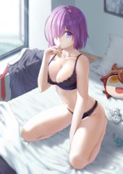 Rule 34 | 1girl, absurdres, bare shoulders, black bra, black panties, bra, breasts, cleavage, collarbone, condom, condom wrapper, doconim, fate/grand order, fate (series), fujimaru ritsuka (female), hair over one eye, hand on own chin, highres, kneeling, lace, lace-trimmed bra, lace-trimmed panties, lace trim, large breasts, light purple hair, looking at viewer, mash kyrielight, navel, on bed, panties, pillow, purple eyes, short hair, solo, stuffed toy, thighs, underwear, underwear only