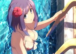 Rule 34 | 1girl, blue hair, breasts, flower, hair ornament, large breasts, looking at viewer, misora (princess connect!), misora (summer) (princess connect!), momiji oroshi, pool, princess connect!, short hair, solo, swimsuit