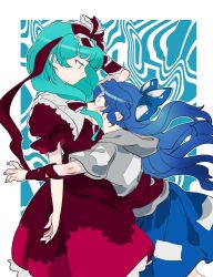 Rule 34 | 2girls, blue bow, blue hair, bow, chamaruk, commentary request, dress, from side, front ponytail, green hair, grey hoodie, hair bow, hair ribbon, hood, hoodie, kagiyama hina, long hair, looking at another, looking down, looking up, multiple girls, puffy short sleeves, puffy sleeves, red dress, red eyes, red ribbon, ribbon, short sleeves, sweat, touhou, yorigami shion