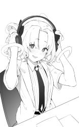 Rule 34 | + +, 1girl, :d, blush, desk, greyscale, hands up, head tilt, headphones, highres, indie virtual youtuber, jacket, kotoribako, looking at viewer, monochrome, necktie, on chair, open clothes, open jacket, open mouth, short sleeves, simple background, sitting, smile, solo, virtual youtuber, white background, yozora tsukimi