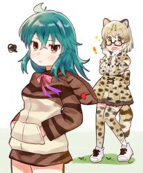 Rule 34 | !, alternate hairstyle, animal ears, bad id, bad twitter id, bare shoulders, blue hair, bow, bowtie, cat ears, cat girl, cat tail, commentary request, dress, extra ears, fang, frilled dress, frills, glasses, gloves, green eyes, hands in pockets, high-waist skirt, highres, hood, hood down, hoodie, kemono friends, long hair, long sleeves, margay (kemono friends), margay print, neck ribbon, open mouth, pleated skirt, print gloves, print legwear, print neckwear, print skirt, red eyes, red neckwear, ribbon, skirt, sleeveless, snake print, squiggle, suicchonsuisui, tail, thighhighs, tsuchinoko (kemono friends), zettai ryouiki