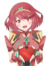 Rule 34 | 1girl, black gloves, blush, breasts, commentary request, fingerless gloves, gift, gloves, heart, holding, holding gift, kageyasu, large breasts, looking at viewer, open mouth, pyra (xenoblade), red eyes, red hair, short hair, simple background, smile, solo, swept bangs, tiara, upper body, valentine, white background, xenoblade chronicles (series), xenoblade chronicles 2
