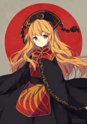 Rule 34 | 1girl, bad id, bad pixiv id, black dress, chinese clothes, crescent, dress, hat, junko (touhou), long hair, long sleeves, looking at viewer, okono, orange hair, red eyes, sash, smile, solo, tabard, touhou, wide sleeves