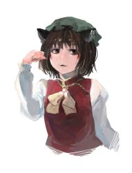 Rule 34 | 1girl, animal ear piercing, animal ears, bow, bowtie, brown eyes, brown hair, cat ears, chen, commentary request, cropped torso, earrings, fingernails, gold trim, green hat, hand up, hat, ichiba youichi, jewelry, juliet sleeves, light blush, light smile, long sleeves, looking to the side, mob cap, painterly, parted lips, paw pose, puffy sleeves, red vest, sharp fingernails, simple background, single earring, solo, touhou, upper body, vest, white background, white bow, white bowtie