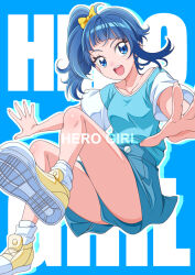 Rule 34 | 1girl, blue eyes, blue hair, blue shirt, blue skirt, bow, commentary request, english text, floating, foreshortening, hair bow, hanzou, highres, hirogaru sky! precure, knees up, looking at viewer, medium hair, miniskirt, open mouth, outline, precure, shirt, shoes, short sleeves, single sidelock, skirt, skort, smile, sneakers, socks, solo, sora harewataru, text background, white outline, white socks, yellow bow, yellow footwear