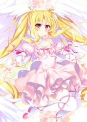 Rule 34 | 1girl, alternate costume, angel wings, ankle lace-up, bare shoulders, blonde hair, blush, breasts, commentary request, cosplay, cross-laced footwear, detached collar, dress, fate testarossa, head wings, hoshina utau, long hair, look-alike, lyrical nanoha, mahou shoujo lyrical nanoha, mizuki nana, pink dress, pink footwear, puffy short sleeves, puffy sleeves, raiou, red eyes, ribbon, ribbon-trimmed clothes, ribbon trim, seraphic charm, seraphic charm (cosplay), shoes, short sleeves, shugo chara!, small breasts, smile, solo, sparkle, thighhighs, trait connection, twintails, very long hair, voice actor connection, white thighhighs, wings