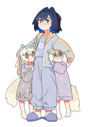 Rule 34 | 3girls, aged down, alternate costume, animal ear fluff, animal ears, barefoot, black hair, blonde hair, blue eyes, blue hair, blue hairband, blue jacket, blue pants, blue shirt, blush, closed mouth, colored inner hair, commentary, dog ears, dog girl, dog tail, dress, feet, fongban illust, fuwawa abyssgard, grey dress, hair between eyes, hair intakes, hair ornament, hairband, hairclip, height difference, highres, hololive, hololive english, jacket, long hair, long sleeves, looking at viewer, mococo abyssgard, multicolored hair, multiple girls, open clothes, open jacket, ouro kronii, pajamas, pants, pink eyes, pink hair, purple dress, shirt, short hair, simple background, sleepwear, slippers, standing, streaked hair, symbol-only commentary, tail, two-tone hair, virtual youtuber, white background, x hair ornament