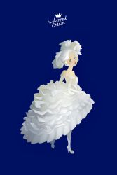 Rule 34 | 1girl, absurdres, blue background, blue eyes, blush, dress, elbow gloves, english text, frilled dress, frills, from behind, full body, gloves, high heels, highres, looking at viewer, looking back, mu mashu, original, parted lips, personification, simple background, solo, standing, strapless, strapless dress, white dress, white gloves, white hair