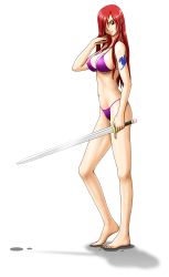 Rule 34 | 1girl, absurdres, barefoot, bikini, breasts, brown eyes, earrings, erza scarlet, fairy tail, female focus, full body, hair over one eye, highres, jewelry, long hair, mechr, red hair, smile, solo, swimsuit, sword, tattoo, weapon, wet, white background