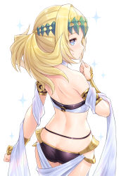 Rule 34 | 1girl, arm at side, armlet, ass, back, bare shoulders, black panties, black shirt, blonde hair, blue eyes, blush, butt crack, clenched hands, cowboy shot, diadem, fate/grand order, fate (series), from above, from behind, halterneck, highres, long hair, looking at viewer, looking back, panties, pollux (fate), robe, shiny skin, shirt, shoulder blades, smile, solo, sparkle, tomo (tmtm mf mf), underwear, white background, white robe