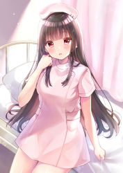 Rule 34 | 1girl, :o, bad id, bad pixiv id, bed, bed sheet, brown hair, curtains, hand on own face, hat, highres, hime cut, indoors, infirmary, looking at viewer, minami saki, nurse, nurse cap, open mouth, original, pillow, pink skirt, red eyes, sheet grab, short sleeves, skirt, solo