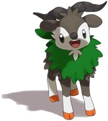 Rule 34 | :d, black eyes, commentary request, creatures (company), full body, game freak, gen 6 pokemon, looking at viewer, miyawaki, nintendo, no humans, open mouth, pokemon, pokemon (creature), skiddo, smile, solo, standing, teeth, tongue, upper teeth only, white background
