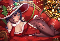 Rule 34 | 1futa, aqua eyes, black hair, blush, breasts, bulge, christmas, cleavage, couch, covered erect nipples, covered testicles, detached sleeves, erection, erection under clothes, exlic, feet out of frame, fur-trimmed leotard, fur collar, fur trim, futanari, genshin impact, gloves, hat, indoors, large breasts, leotard, lips, long hair, lying, mona (genshin impact), on side, pantyhose, patreon username, pillow, red hat, red leotard, santa costume, santa leotard, smile, solo, testicles, window, witch hat
