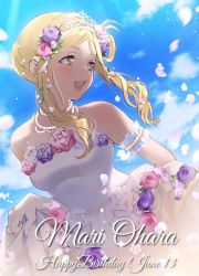 Rule 34 | 1girl, arm garter, artist name, artist request, bare shoulders, blonde hair, blue sky, blush, braid, breasts, brown eyes, cleavage, cloud, collarbone, crown braid, day, dress, elbow gloves, female focus, floating hair, flower, flower hair ornament, frilled dress, frills, gloves, green eyes, hair flower, hair ornament, hair rings, holding, holding clothes, holding skirt, jewelry, looking at viewer, looking to the side, love live!, love live! school idol festival, love live! sunshine!!, medium breasts, necklace, ohara mari, outdoors, parted lips, pearl necklace, pink flower, plaid, plaid dress, pleated dress, purple flower, purple ribbon, ribbon, short hair, skirt, sky, smile, solo, sunlight, tiara, wedding dress, white dress, white flower, white gloves, white petals, white skirt, yellow eyes