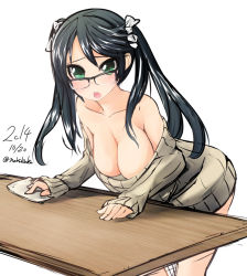 Rule 34 | 10s, 1girl, 2014, bad id, bad pixiv id, bare shoulders, black hair, breasts, casual, cleavage, collarbone, dated, glasses, green eyes, hair ribbon, isuzu (kancolle), kantai collection, large breasts, leaning forward, looking at viewer, nekobaka, off shoulder, open mouth, ribbed sweater, ribbon, solo, sweater, table, twintails, twitter username
