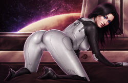 Rule 34 | all fours, ass, black hair, blue eyes, boots, breasts, high heel boots, high heels, highres, long hair, looking at viewer, martaino, mass effect (series), mass effect 2, medium breasts, miranda lawson, pinup (style), planet, space, thighs, tight clothes, window