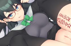 Rule 34 | 1girl, bad id, bad pixiv id, black hair, blue eyes, body writing, bottomless, censored, cleft of venus, competition swimsuit, glasses, hair between eyes, highres, licking lips, long hair, lying, miniskirt, mosaic censoring, on back, one-piece swimsuit, original, pinta (ayashii bochi), pleated skirt, pussy, red-framed eyewear, skirt, spread legs, swimsuit, thighhighs, tongue, tongue out