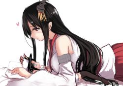 Rule 34 | 2girls, black hair, blush, breasts, detached sleeves, female admiral (kancolle), from side, fusou (kancolle), giant, giantess, hair ornament, hakama, hakama skirt, hat, heart, japanese clothes, kantai collection, large breasts, long hair, looking at another, military, military uniform, multiple girls, naval uniform, on bed, red eyes, red hakama, simple background, size difference, skirt, smile, thighhighs, uniform, utopia, white background, white hat, wide sleeves, yuri