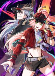 1boy 1girl absurdres belt black_hair black_hat black_shorts boothill_(honkai:_star_rail) commentary cowboy_shot crop_top fishnets green_eyes grey_belt grey_hair grin hat highres honkai:_star_rail honkai_(series) horned_hat long_hair midriff multicolored_hair navel nongxy_nonshi pink_hair ponytail rappa_(honkai:_star_rail) sharp_teeth shirt short_shorts shorts smile standing stomach teeth thighs two-tone_hair very_long_hair white_shirt