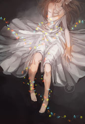 Rule 34 | 1girl, bare arms, bare legs, barefoot, blonde hair, cable, christmas lights, dress, entangled, grey background, loika, long hair, lying, original, out of frame, outstretched hand, simple background, solo, solo focus, watermark, white dress
