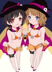 Rule 34 | 2girls, bikini, black hair, black headwear, blue eyes, blush, breasts, brown eyes, brown hair, candy, cape, closed mouth, clothes lift, dark background, embarrassed, food, front-tie bikini top, front-tie top, full body, ghost ornament, halloween, hat, highres, idolmaster, idolmaster million live!, kouno tooru (stoneandrose123), legs, lifting own clothes, looking at viewer, medium hair, micro bikini, multiple girls, nakatani iku, navel, orange bikini, parted lips, pumpkin, purple cape, purple footwear, see-through, see-through skirt, short hair, sidelocks, skirt, skirt lift, small breasts, smile, standing, stomach, suou momoko, swimsuit, thigh strap, thighs, wavy hair, witch hat
