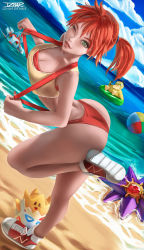 Rule 34 | 1girl, ass, asymmetrical hair, bare arms, bare legs, beach, bikini, blush, breasts, creatures (company), game freak, gen 1 pokemon, gen 2 pokemon, goldeen, green eyes, gym leader, highres, izhardraws, legs, looking at viewer, misty (pokemon), nintendo, one eye closed, orange hair, pokemon, pokemon (anime), pokemon (classic anime), pokemon (creature), ponytail, psyduck, red hair, shirt, shoes, short hair, side ponytail, solo, source request, starmie, suspenders, swimsuit, tank top, thick thighs, thighs, togepi, water, wide hips, wink, yellow shirt, yellow tank top