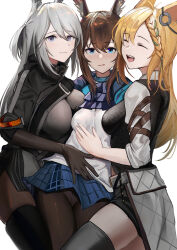 Rule 34 | 3girls, :d, amiya (arknights), animal ears, arknights, ascot, black gloves, black pantyhose, black shirt, black thighhighs, blonde hair, blue ascot, blue collar, blue eyes, blush, breasts, chinese zodiac, closed eyes, collar, ear ornament, elbow gloves, gloves, grey eyes, hair between eyes, highres, jewelry, krirk, kroos (arknights), kroos the keen glint (arknights), looking at viewer, multiple girls, neck ring, one side up, open mouth, pantyhose, rabbit ears, savage (arknights), shirt, simple background, small breasts, smile, teeth, thighhighs, upper teeth only, white background, year of the rabbit