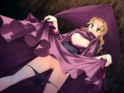 Rule 34 | 1girl, blonde hair, breasts, bunny black, censored, clothes lift, dress, dress lift, game cg, green eyes, hat, legs, long hair, nipples, no bra, open clothes, panties, panty pull, pussy, sasaki tamaru, solo, standing, thighs, underwear