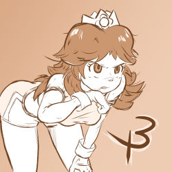 Rule 34 | 1girl, ass, breasts, hand on own thigh, hand on thigh, highres, leaning forward, long hair, looking at viewer, mario (series), medium breasts, midriff, nintendo, open mouth, princess, princess daisy, serious, soccer uniform, solo, sportswear, super mario strikers, sweat