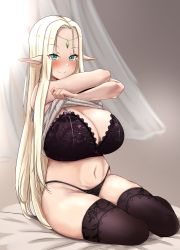 Rule 34 | 1girl, black bra, black panties, black thighhighs, blonde hair, blue eyes, blush, bra, breasts, cerestia of life, cleavage, closed mouth, elf, forehead, forehead jewel, full body, grey shirt, haihm108, highres, huge breasts, lace, lace-trimmed bra, lace trim, last origin, long hair, looking at viewer, navel, panties, pointy ears, shirt, smile, solo, thighhighs, underwear, undressing, very long hair