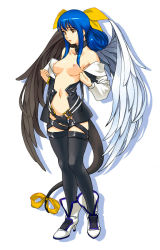 Rule 34 | 1girl, a1 (initial-g), arc system works, asymmetrical wings, blue hair, bow, breasts, dizzy (guilty gear), guilty gear, medium breasts, midriff, nipples, red eyes, ribbon, solo, tail, tail bow, tail ornament, tail ribbon, thighhighs, undressing, wings